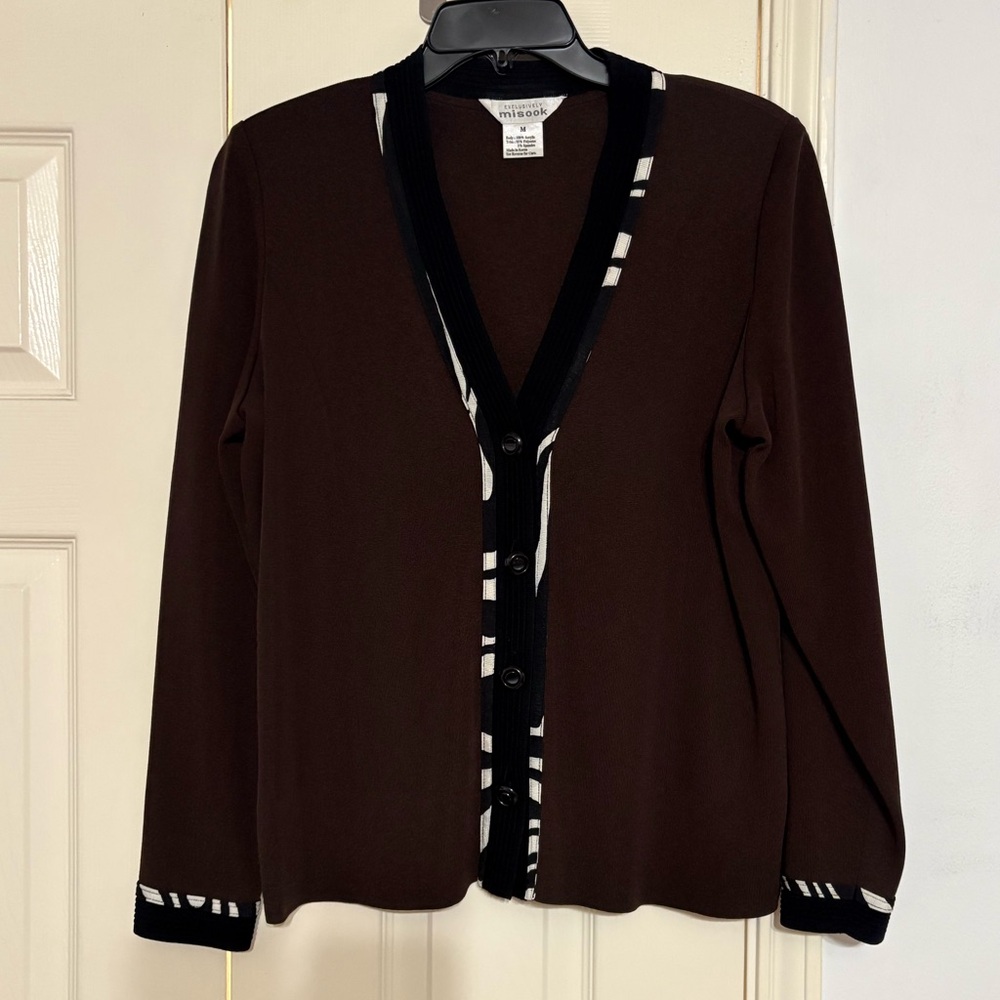 Misook Stylish Brown Cardigan with Black and White Trim